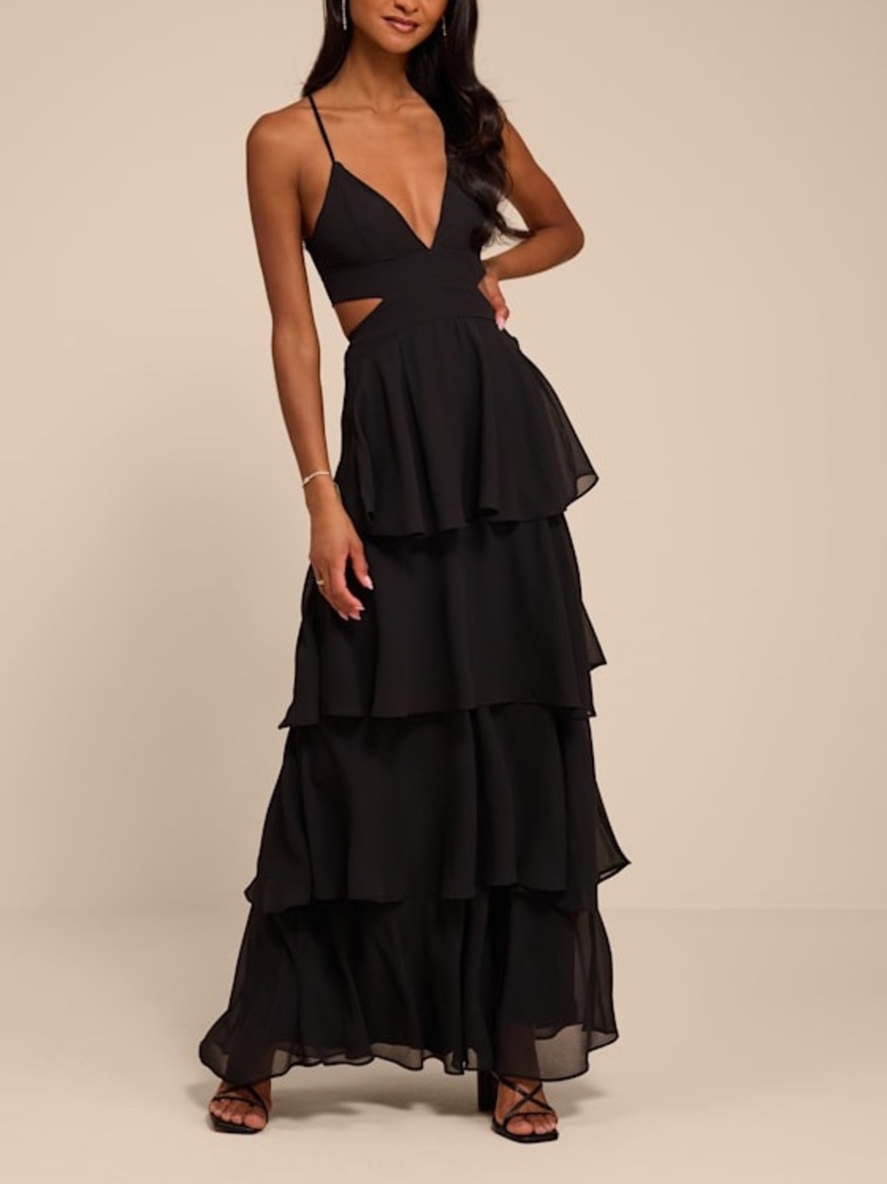 Lulus Tier and Now Black Tie-Back Tiered Maxi Dress Size S NWT